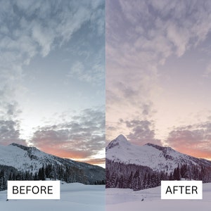 以下が含まれることがあります： 雪山風景のビフォーアフター写真。ビフォーの写真は、遠くでピンクがかった雲の多い空。アフターの写真は、山々の上にピンクとオレンジの夕焼けが映っている。