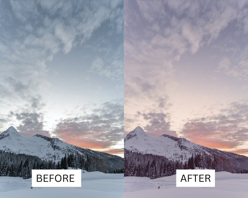 以下が含まれることがあります： 雪山風景のビフォーアフター写真。ビフォーの写真は、遠くでピンクがかった雲の多い空。アフターの写真は、山々の上にピンクとオレンジの夕焼けが映っている。