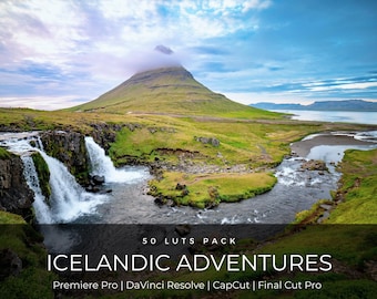 May include: A landscape photograph of Kirkjufell mountain and waterfall in Iceland with text overlay reading 50 LUTS PACK ICELANDIC ADVENTURES Premiere Pro | DaVinci Resolve | CapCut | Final Cut Pro, featuring green hills and a blue sky.