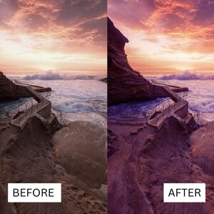 Op de afbeelding: Een voor- en na-afbeelding van een kustlandschap bij zonsondergang. De "VOOR"-afbeelding toont een natuurlijk kleurenpalet, terwijl de "NA"-afbeelding is gecorrigeerd met een paarse en roze tint. Een betonnen loopbrug leidt naar de oceaan.
