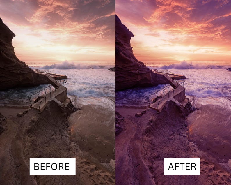 Op de afbeelding: Een voor- en na-afbeelding van een kustlandschap bij zonsondergang. De "VOOR"-afbeelding toont een natuurlijk kleurenpalet, terwijl de "NA"-afbeelding is gecorrigeerd met een paarse en roze tint. Een betonnen loopbrug leidt naar de oceaan.