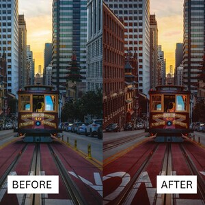 Puede incluir: Fotograf&iacute;a de un tranv&iacute;a de San Francisco sobre ra&iacute;les, con los textos "Antes" y "Despu&eacute;s" en la parte inferior. El tranv&iacute;a es marr&oacute;n y amarillo, con el horizonte de la ciudad al fondo. El cielo es de un color naranja c&aacute;lido.