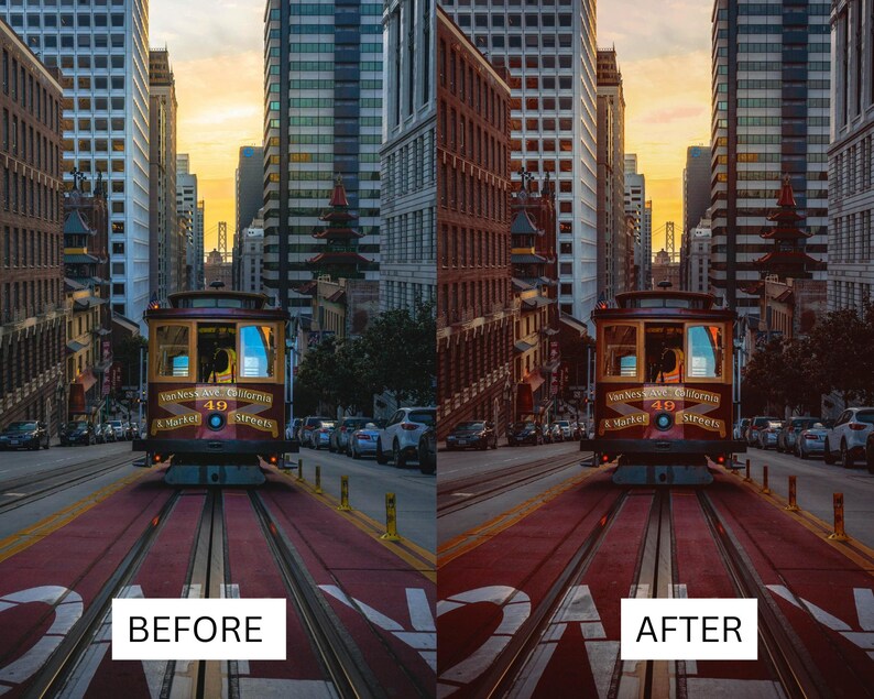 Puede incluir: Fotograf&iacute;a de un tranv&iacute;a de San Francisco sobre ra&iacute;les, con los textos "Antes" y "Despu&eacute;s" en la parte inferior. El tranv&iacute;a es marr&oacute;n y amarillo, con el horizonte de la ciudad al fondo. El cielo es de un color naranja c&aacute;lido.