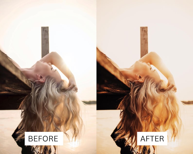 Puede incluir: Una mujer con el pelo largo y rubio yace en un muelle de madera con la cabeza echada hacia atr&aacute;s y los ojos cerrados. El sol brilla intensamente detr&aacute;s de ella, creando un resplandor c&aacute;lido. El agua es visible en el fondo.