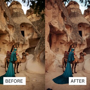 May include: A woman in a teal gown rides a camel in front of a rock formation. The gown has a long train. The camel is saddled with a decorative blanket. The words "BEFORE" and "AFTER" are in white rectangles.