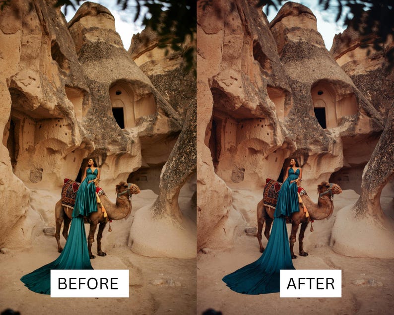 May include: A woman in a teal gown rides a camel in front of a rock formation. The gown has a long train. The camel is saddled with a decorative blanket. The words "BEFORE" and "AFTER" are in white rectangles.