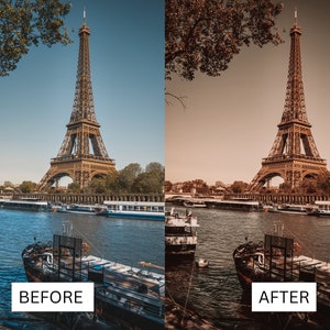 Puede incluir: Imagen dividida que muestra la Torre Eiffel en Par&iacute;s. El lado izquierdo, etiquetado como "ANTES", muestra la torre contra un cielo azul y un r&iacute;o. El lado derecho, etiquetado como "DESPU&Eacute;S", muestra la misma escena con un filtro de tono sepia.
