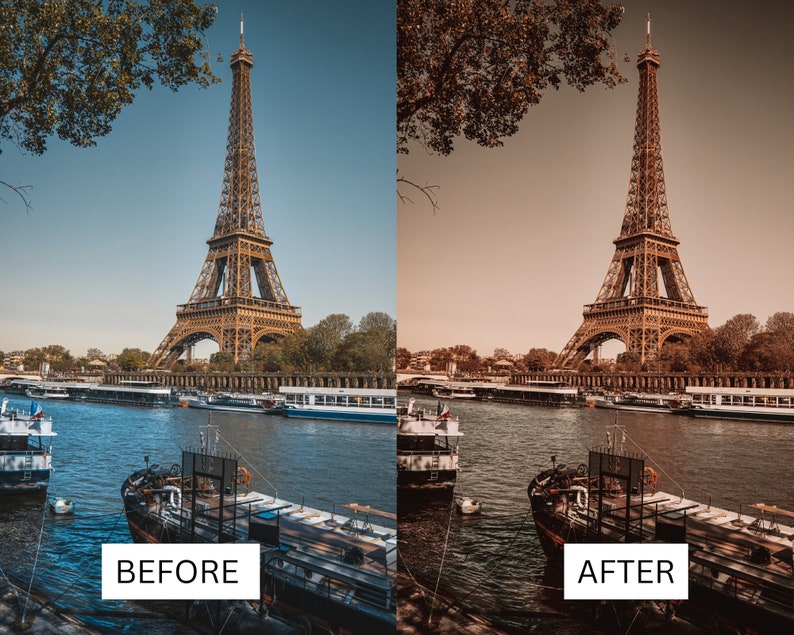 Puede incluir: Imagen dividida que muestra la Torre Eiffel en Par&iacute;s. El lado izquierdo, etiquetado como "ANTES", muestra la torre contra un cielo azul y un r&iacute;o. El lado derecho, etiquetado como "DESPU&Eacute;S", muestra la misma escena con un filtro de tono sepia.