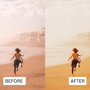 Puede incluir: Una persona corre por una playa de arena con una tabla de surf bajo el brazo. La playa est&aacute; vac&iacute;a y la persona est&aacute; de espaldas a la c&aacute;mara. El cielo es de color naranja claro y hay edificios en el fondo.