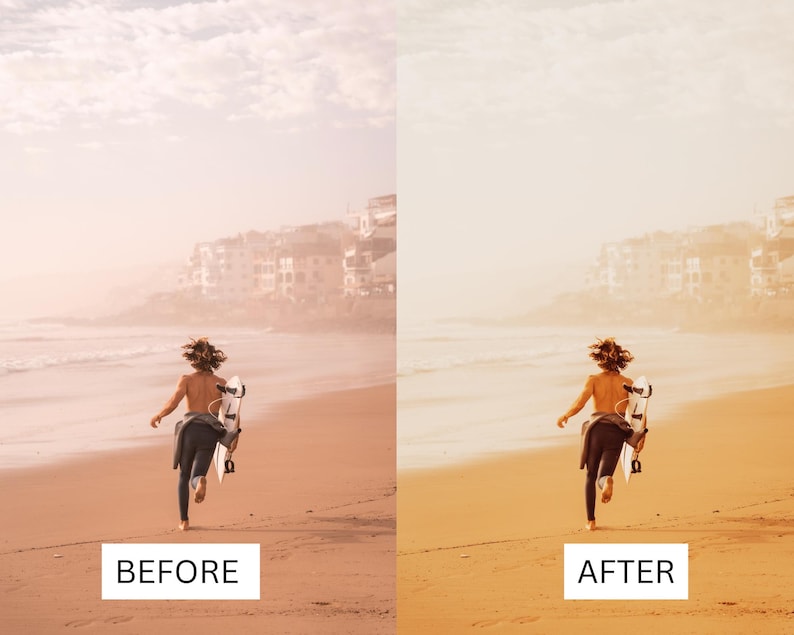 Puede incluir: Una persona corre por una playa de arena con una tabla de surf bajo el brazo. La playa est&aacute; vac&iacute;a y la persona est&aacute; de espaldas a la c&aacute;mara. El cielo es de color naranja claro y hay edificios en el fondo.