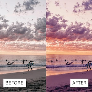 Op de afbeelding: Een gesplitste afbeelding die een strandsc&egrave;ne voor en na bewerking toont. De "VOOR"-afbeelding toont een strand met surfers en een zonsondergang. De "NA"-afbeelding heeft verbeterde kleuren, met een levendigere lucht en water.