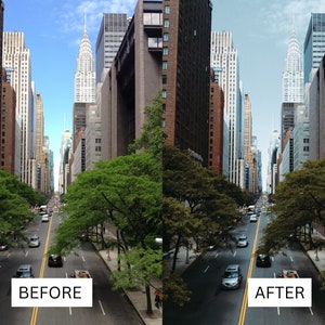 May include: A before and after image showing the difference in colour saturation and contrast. The before image is a city street scene with a blue sky and green trees. The after image is the same scene with a brighter sky and more vibrant colours.