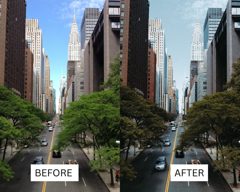 May include: A before and after image showing the difference in colour saturation and contrast. The before image is a city street scene with a blue sky and green trees. The after image is the same scene with a brighter sky and more vibrant colours.