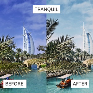 Puede incluir: Una imagen antes y despu&eacute;s que muestra el efecto de un filtro "Tranquilo" en una fotograf&iacute;a de un edificio alto con un barco en primer plano. La imagen antes muestra un cielo azul y la imagen despu&eacute;s muestra un cielo azul claro.