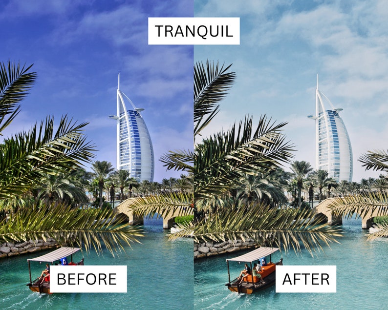 Puede incluir: Una imagen antes y despu&eacute;s que muestra el efecto de un filtro "Tranquilo" en una fotograf&iacute;a de un edificio alto con un barco en primer plano. La imagen antes muestra un cielo azul y la imagen despu&eacute;s muestra un cielo azul claro.