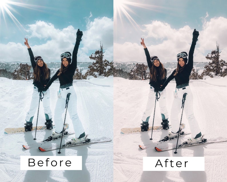 Puede incluir: Dos personas con chaquetas de esqu&iacute; negras y pantalones de esqu&iacute; blancos sostienen bastones de esqu&iacute; y sonr&iacute;en mientras est&aacute;n de pie sobre esqu&iacute;s en la nieve. El cielo es azul con nubes blancas. La palabra "Antes" est&aacute; escrita en blanco sobre un fondo negro en la parte inferior izquierda de la imagen. La palabra "Despu&eacute;s" est&aacute; escrita en blanco sobre un fondo negro en la parte inferior derecha de la imagen.