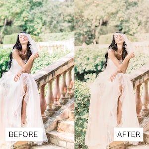 May include: A woman in a strapless white wedding dress sits on a stone staircase, holding a white feather. The dress has a flowing, layered skirt. The image is split, with "BEFORE" and "AFTER" text at the bottom.