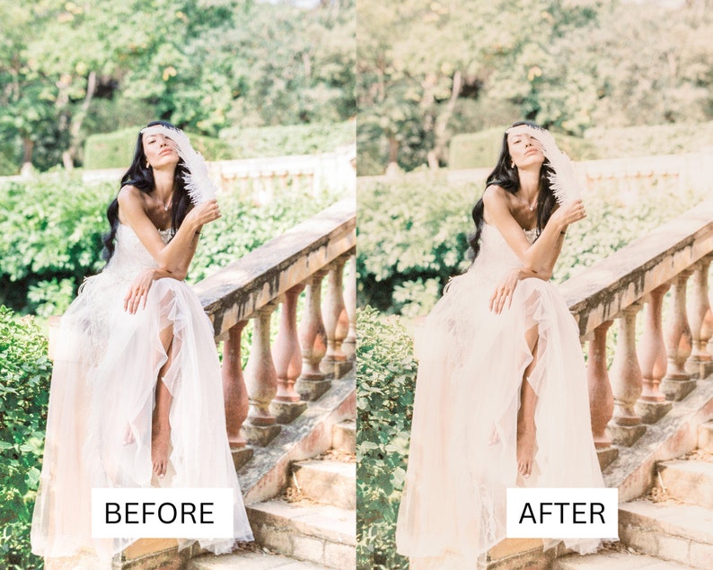 May include: A woman in a strapless white wedding dress sits on a stone staircase, holding a white feather. The dress has a flowing, layered skirt. The image is split, with "BEFORE" and "AFTER" text at the bottom.