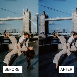 Może przedstawiać: Para tańczy przed Tower Bridge w Londynie. Kobieta ma na sobie białą sukienkę, a mężczyzna białą koszulę i czarne spodnie.