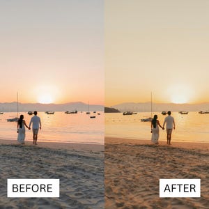 Puede incluir: Una pareja camina de la mano por una playa de arena hacia el oc&eacute;ano al atardecer. El cielo es de un naranja y rosa vibrantes, y el agua est&aacute; tranquila y azul.