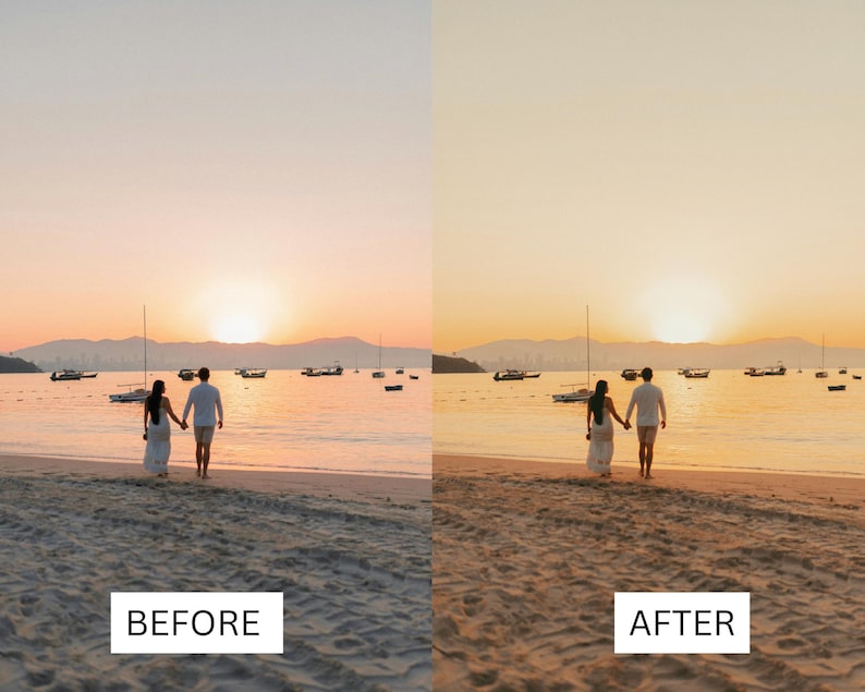 Puede incluir: Una pareja camina de la mano por una playa de arena hacia el oc&eacute;ano al atardecer. El cielo es de un naranja y rosa vibrantes, y el agua est&aacute; tranquila y azul.