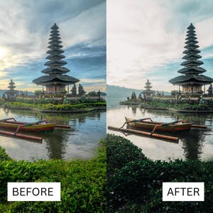K&ouml;nnte beinhalten: Ein Vorher-Nachher-Bild, das den Unterschied in Farbe und Kontrast eines Fotos zeigt. Das Bild zeigt einen traditionellen balinesischen Tempel mit einem Holzboot im Wasser davor. Das Vorher-Bild ist etwas matt und das Nachher-Bild ist heller und lebendiger.