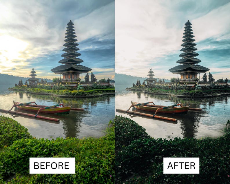 K&ouml;nnte beinhalten: Ein Vorher-Nachher-Bild, das den Unterschied in Farbe und Kontrast eines Fotos zeigt. Das Bild zeigt einen traditionellen balinesischen Tempel mit einem Holzboot im Wasser davor. Das Vorher-Bild ist etwas matt und das Nachher-Bild ist heller und lebendiger.