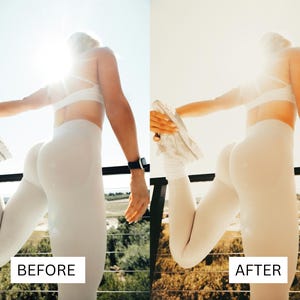 Puede incluir: Una persona con leggings blancos y un sujetador deportivo blanco se estira en un balc&oacute;n. El sol brilla intensamente detr&aacute;s de ella.