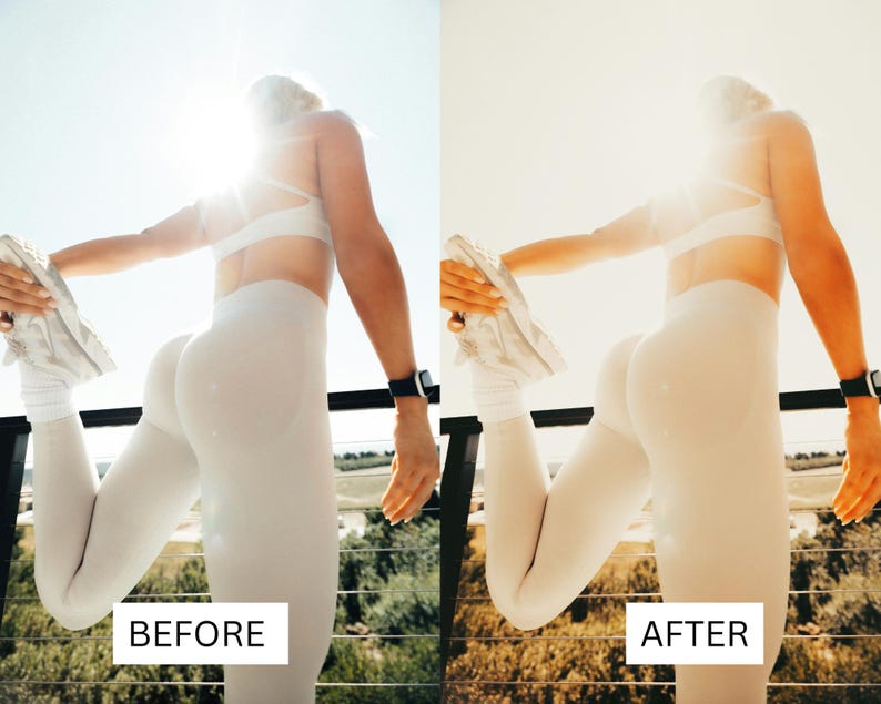 Puede incluir: Una persona con leggings blancos y un sujetador deportivo blanco se estira en un balc&oacute;n. El sol brilla intensamente detr&aacute;s de ella.