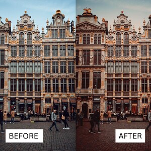 Puede incluir: Una imagen comparativa que muestra un edificio antes y despu&eacute;s de la edici&oacute;n fotogr&aacute;fica. Los edificios tienen fachadas elaboradas y muchas ventanas. El texto "ANTES" y "DESPU&Eacute;S" se muestra en rect&aacute;ngulos blancos en la parte inferior.