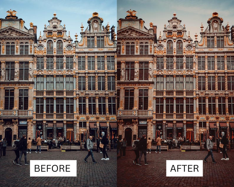 Puede incluir: Una imagen comparativa que muestra un edificio antes y despu&eacute;s de la edici&oacute;n fotogr&aacute;fica. Los edificios tienen fachadas elaboradas y muchas ventanas. El texto "ANTES" y "DESPU&Eacute;S" se muestra en rect&aacute;ngulos blancos en la parte inferior.