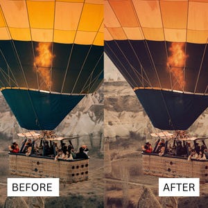 May include: A hot air balloon with a yellow and orange top, a dark blue midsection, and a wicker basket filled with people. A flame is visible near the top. The image is split, with "BEFORE" and "AFTER" text at the bottom.