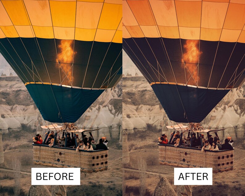 May include: A hot air balloon with a yellow and orange top, a dark blue midsection, and a wicker basket filled with people. A flame is visible near the top. The image is split, with "BEFORE" and "AFTER" text at the bottom.