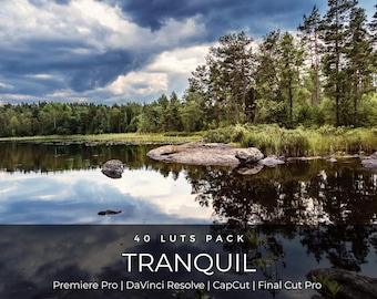 May include: A landscape photograph of a calm lake reflecting a cloudy sky and a dense forest of green pine trees, with a large rock formation in the water. The text 40 LUTS PACK TRANQUIL Premiere Pro | DaVinci Resolve | CapCut | Final Cut Pro is overlaid.