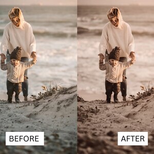 May include: A mother and child walk hand-in-hand on a sandy beach. The mother is wearing a white sweater and the child is wearing a brown sweater and a beanie. The beach is empty and the sky is a soft orange.