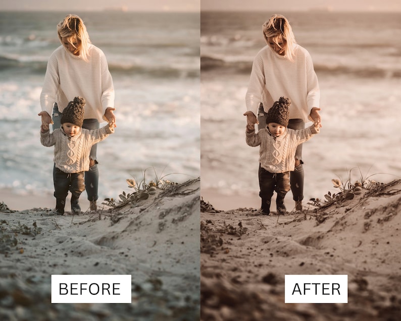 May include: A mother and child walk hand-in-hand on a sandy beach. The mother is wearing a white sweater and the child is wearing a brown sweater and a beanie. The beach is empty and the sky is a soft orange.