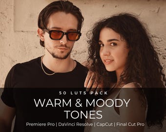 50 LUTs cálidos y con ambiente / Corrección de color cinematográfica en tonos marrones para Premiere Pro, CapCut y DaVinci Resolve / Ajustes preestablecidos con estilo de película de moda