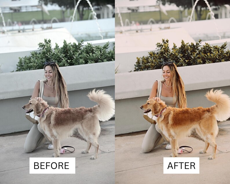 May include: A side-by-side comparison showing a golden-colored dog with a patterned collar and a person wearing a beige tank top and pants. The left side displays a cooler, desaturated tone, while the right side features warmer, vibrant colors.