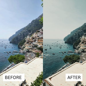 K&ouml;nnte beinhalten: Ein Vorher-Nachher-Bild, das den Unterschied in Farbe und Kontrast eines Fotos einer K&uuml;stenstadt mit Geb&auml;uden auf einer Klippe mit Blick auf das Meer zeigt. Das Bild links ist das Vorher-Bild und das Bild rechts ist das Nachher-Bild.