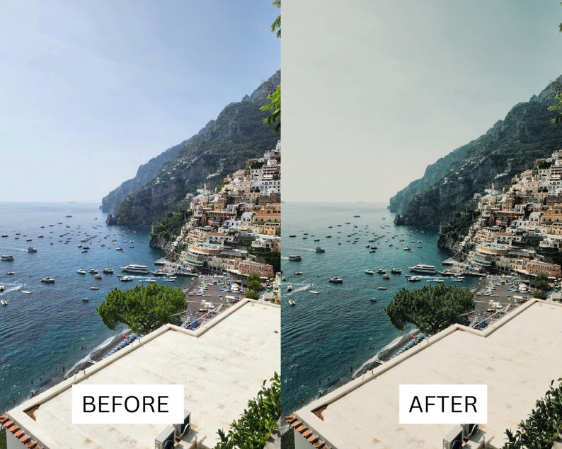 K&ouml;nnte beinhalten: Ein Vorher-Nachher-Bild, das den Unterschied in Farbe und Kontrast eines Fotos einer K&uuml;stenstadt mit Geb&auml;uden auf einer Klippe mit Blick auf das Meer zeigt. Das Bild links ist das Vorher-Bild und das Bild rechts ist das Nachher-Bild.