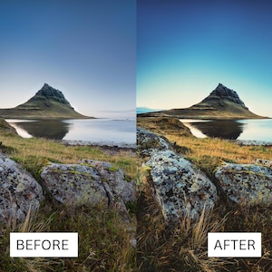 Puede incluir: Fotograf&iacute;a de paisaje que muestra una monta&ntilde;a reflejada en un lago, con los textos "BEFORE" y "AFTER" en rect&aacute;ngulos blancos. La escena presenta un primer plano rocoso, zonas de hierba y un cielo azul claro.