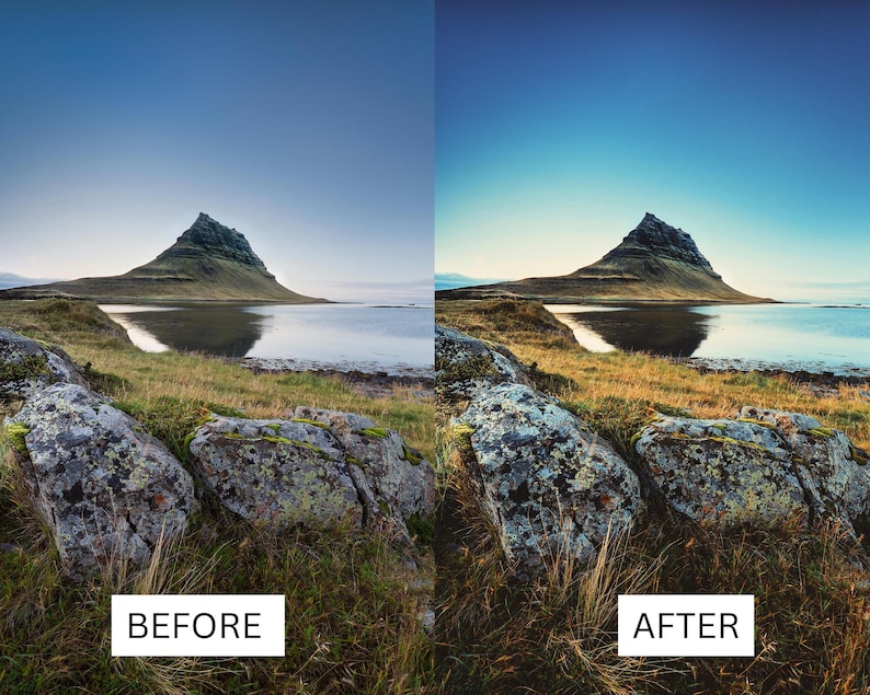 Puede incluir: Fotograf&iacute;a de paisaje que muestra una monta&ntilde;a reflejada en un lago, con los textos "BEFORE" y "AFTER" en rect&aacute;ngulos blancos. La escena presenta un primer plano rocoso, zonas de hierba y un cielo azul claro.