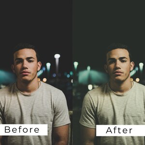 Puede incluir: Una comparaci&oacute;n lado a lado de un hombre con una camiseta gris en un entorno urbano con poca luz. La imagen de la izquierda muestra la imagen original, mientras que la imagen de la derecha muestra la imagen despu&eacute;s de la edici&oacute;n. La imagen editada tiene un aspecto m&aacute;s vibrante y colorido.
