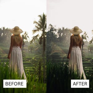 K&ouml;nnte beinhalten: Eine Frau in einem wei&szlig;en Kleid und einem breitkrempigen Strohhut steht in einem &uuml;ppigen gr&uuml;nen Reisfeld. Der Hintergrund zeigt eine tropische Landschaft mit Palmen und einem nebligen Himmel.