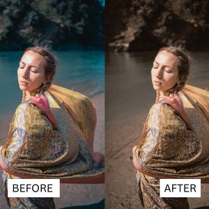May include: A woman with her eyes closed is standing on a beach with a river behind her. She is wearing a long, flowing, patterned scarf that is blowing in the wind. The scarf is a mix of brown, yellow, and pink colors. The woman is wearing a simple outfit and has her hair pulled back. The image is a before and after comparison of the same image, showing the difference in color and lighting.