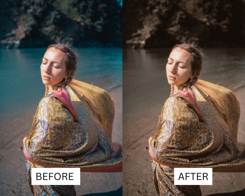 May include: A woman with her eyes closed is standing on a beach with a river behind her. She is wearing a long, flowing, patterned scarf that is blowing in the wind. The scarf is a mix of brown, yellow, and pink colors. The woman is wearing a simple outfit and has her hair pulled back. The image is a before and after comparison of the same image, showing the difference in color and lighting.