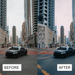 Puede incluir: Un coche deportivo negro est&aacute; situado en una calle de la ciudad, con el texto "BEFORE" en un rect&aacute;ngulo blanco en la esquina inferior izquierda. La imagen contrasta con una imagen similar con el texto "AFTER" en la esquina inferior derecha.