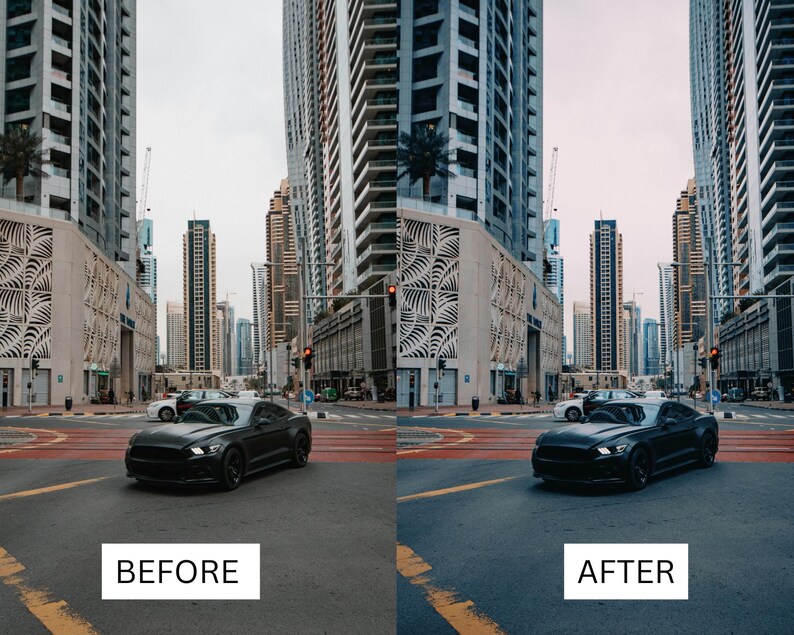 Puede incluir: Un coche deportivo negro est&aacute; situado en una calle de la ciudad, con el texto "BEFORE" en un rect&aacute;ngulo blanco en la esquina inferior izquierda. La imagen contrasta con una imagen similar con el texto "AFTER" en la esquina inferior derecha.