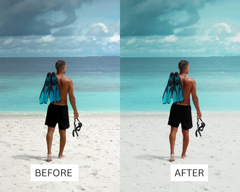 May include: A person standing on a white sandy beach, facing away from the camera, wearing black swim trunks and carrying a pair of blue flippers and a black snorkel mask. The person is looking out at the ocean, which is a bright turquoise color. The sky is a light blue with some white clouds.