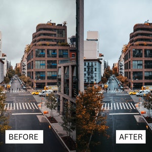 May include: A view of a city street with tall buildings on either side. The street is empty except for a few cars and pedestrians. The buildings are made of brick and have large windows. The sky is overcast and the trees are bare.